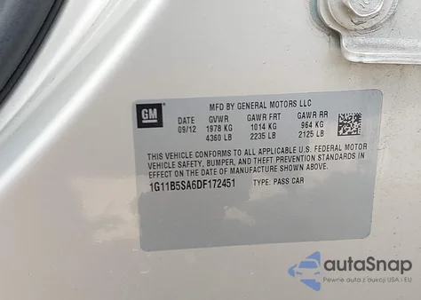 2013 Chevrolet Malibu 1Ls z USA, uszkodzony, nr VIN 1G11B5SA6DF172451